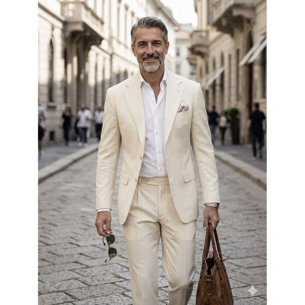 PRONTO MODA Suit Mens 46L Cream Off White Pinstripe Merino Wool Super 140s 40x35